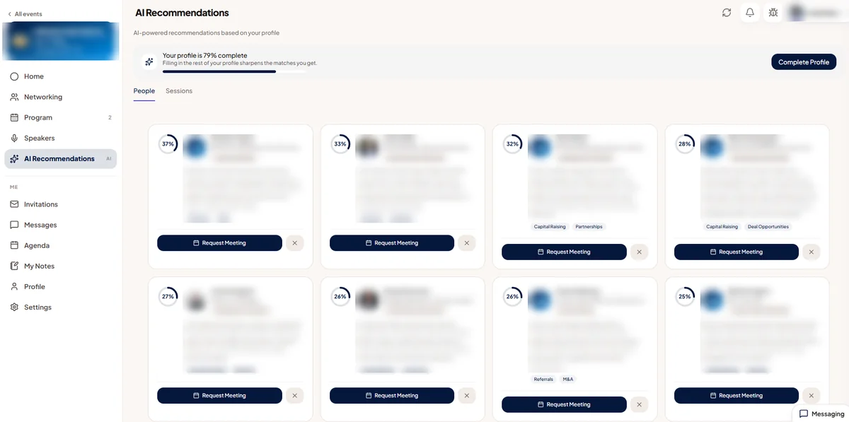 Moostoo AI Recommendations screen with matched attendees, match-score rings and the reason for each match