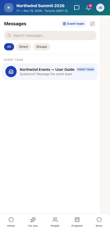 Messages in the Moostoo attendee app with the event team conversation pinned at the top