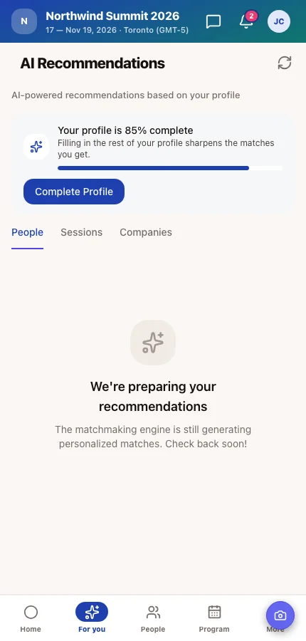 The attendee app's AI Recommendations screen with people to meet and their match reasons
