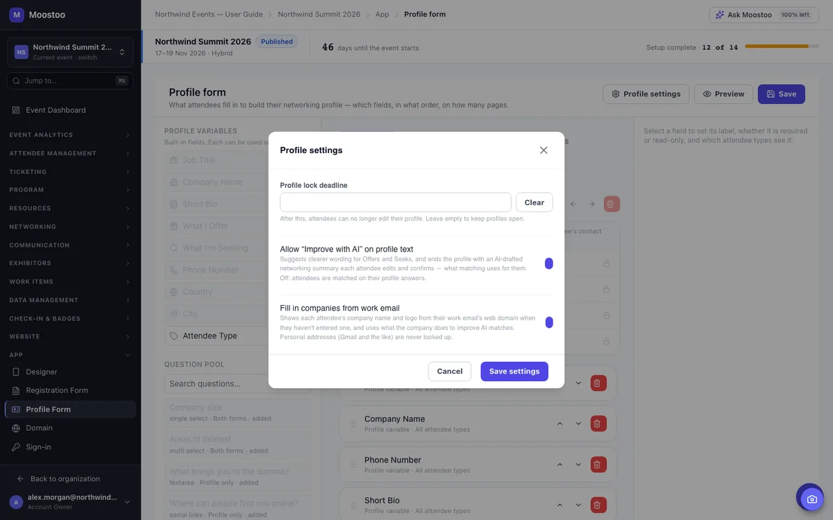 Moostoo's Profile settings dialog with the Improve with AI and Fill in companies from work email switches