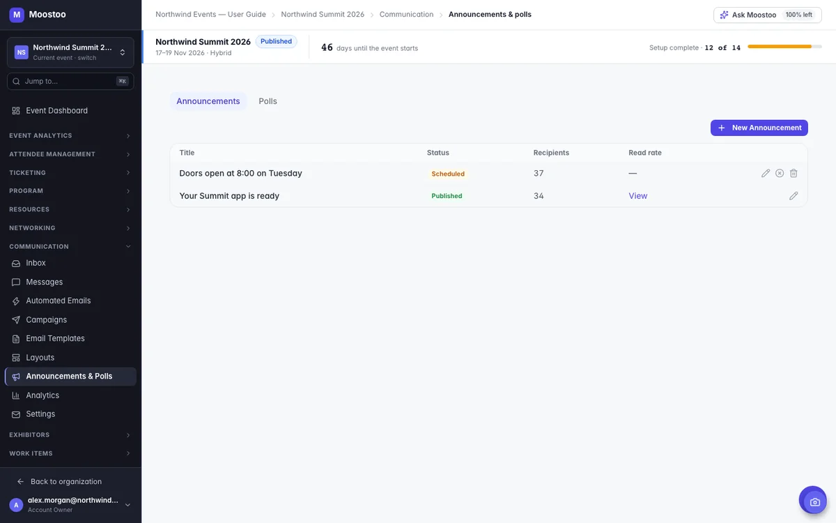Moostoo Announcements and Polls screen listing a scheduled and a published announcement with recipients and read rate