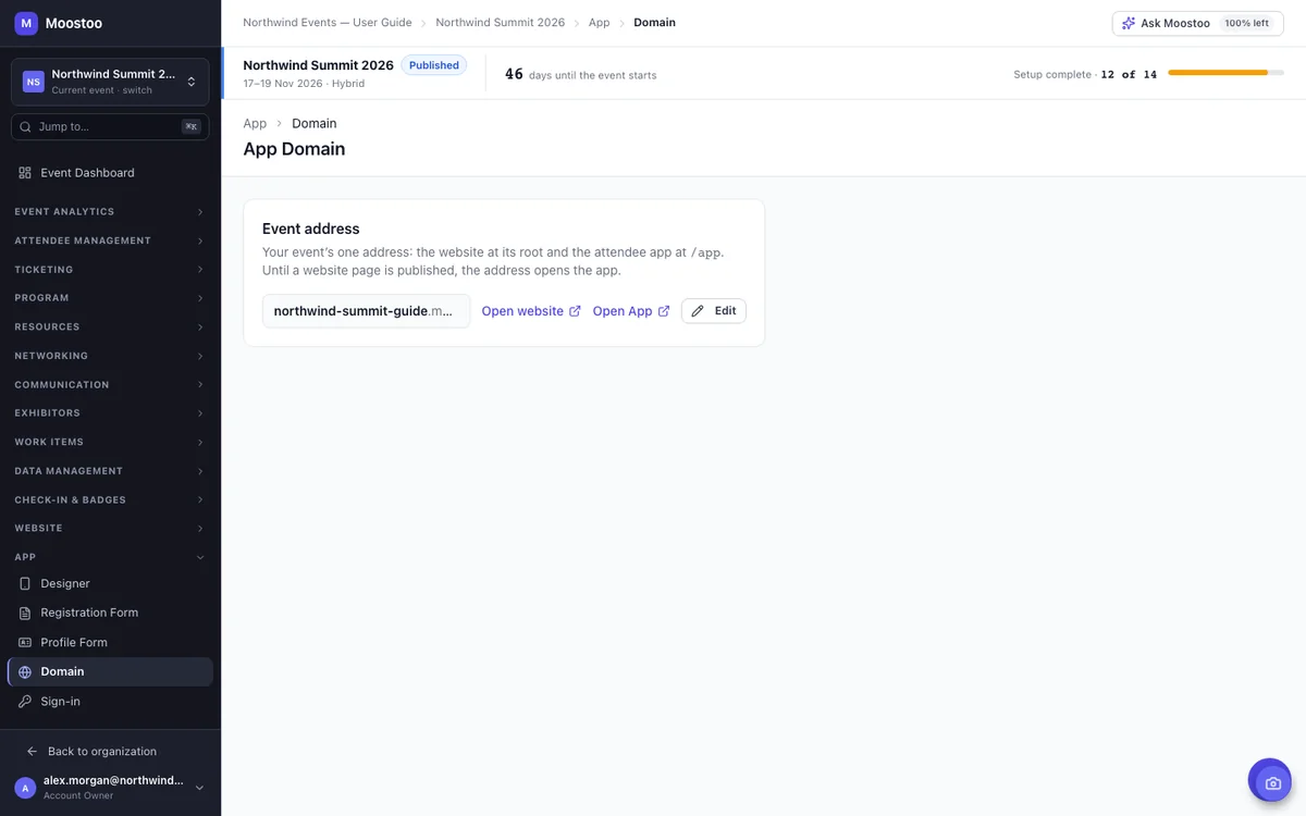 The App Domain screen showing the Northwind Summit event address with Open website, Open app and Edit