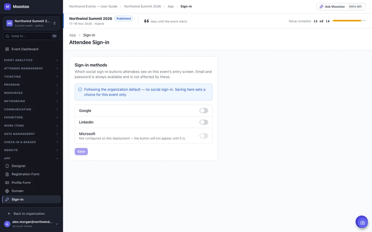 Moostoo sign-in settings for an event with switches for Google, LinkedIn and Microsoft sign-in buttons