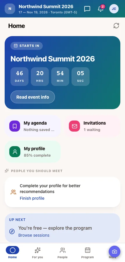 The attendee app home screen for Northwind Summit 2026 with its bottom tabs