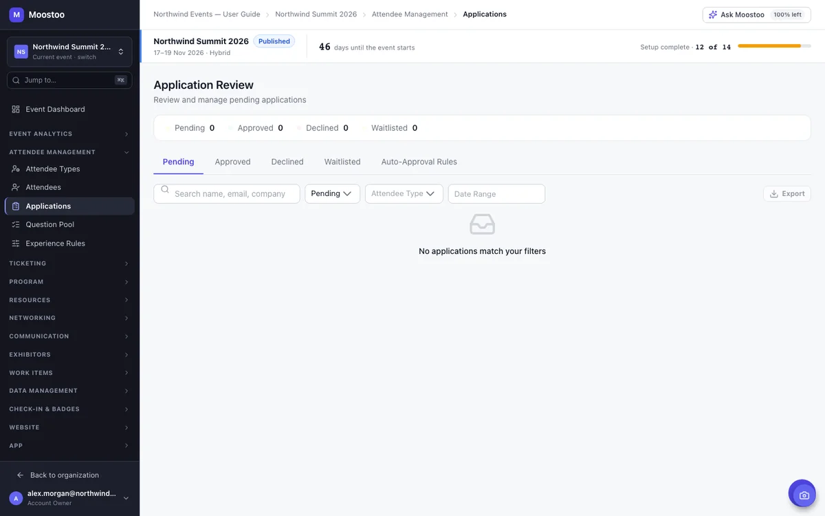 Application Review with tabs for Pending, Approved, Declined, Waitlisted and Auto-Approval Rules, and a table of applicants