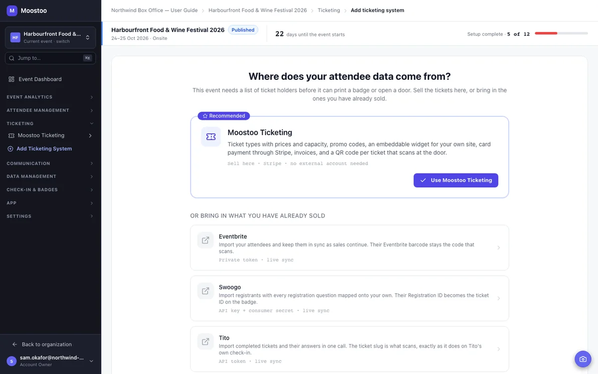 Where does your attendee data come from? — Moostoo Ticketing recommended, and Eventbrite, Swoogo, Tito and Lu.ma below