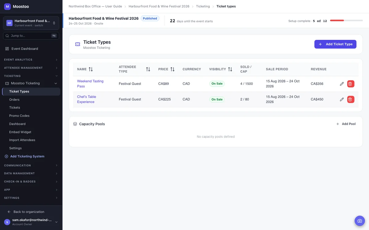 The console event's Moostoo Ticketing system with its ticket types