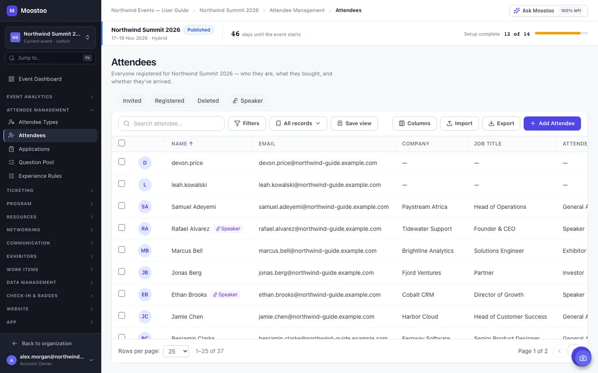 The Attendees table for Northwind Summit 2026 with status chips, search and columns for name, email, company, attendee type, status and check-in