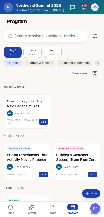 The Moostoo attendee app Program screen with day tabs, track filters and an Add button on each session