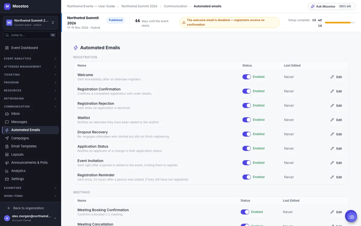 Moostoo Automated Emails screen listing registration emails, each with an Enabled switch and an Edit button