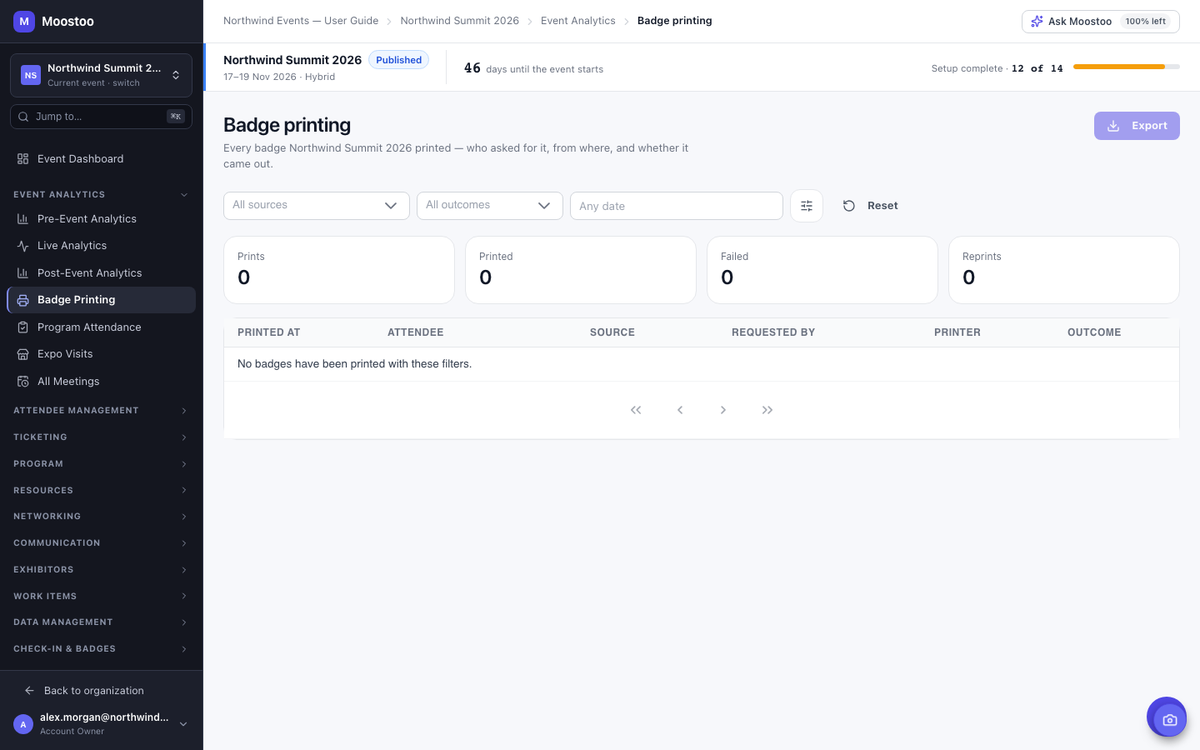 The Badge Printing report with the filters, the totals and per-source breakdown for them, and the list of prints