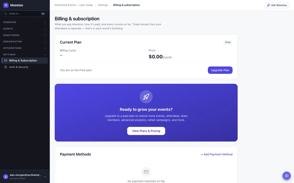 Billing & Subscription with the current plan card, payment methods, invoices, tax information and usage bars