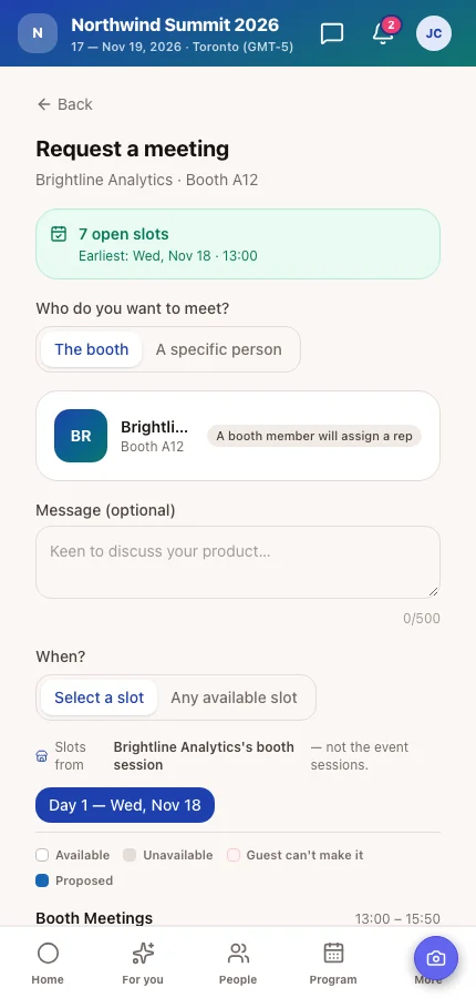 An attendee requesting a meeting at an exhibitor's booth in the Moostoo app, choosing a time slot