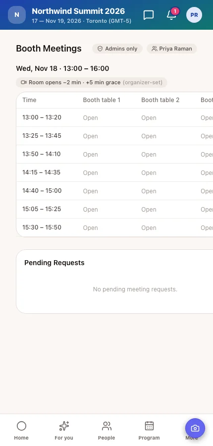 An exhibitor's booth meeting calendar in the Moostoo app with time slots and tables