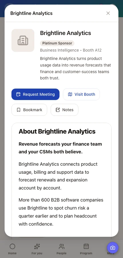 An exhibitor's booth page in the Moostoo event app with Request Meeting, Visit Booth and an About section