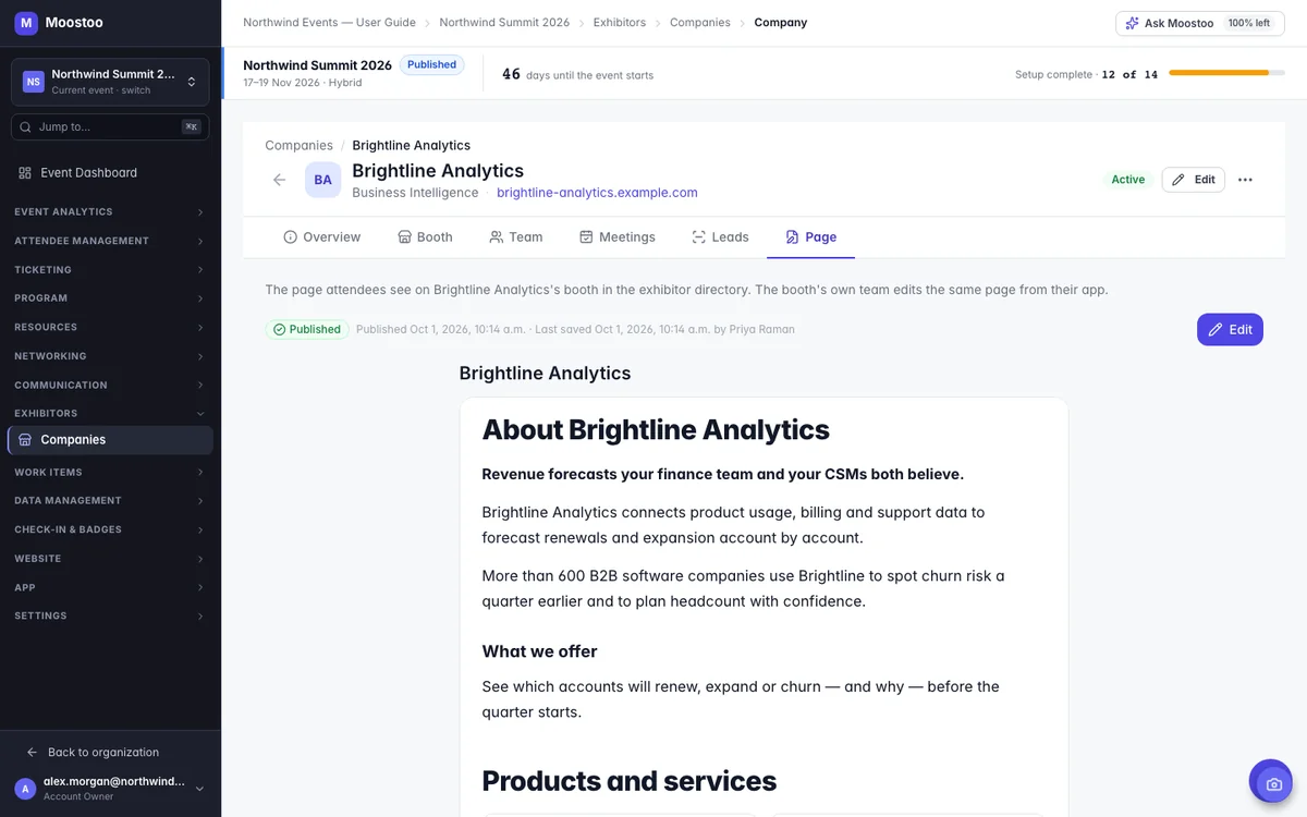The Page tab of Brightline Analytics showing the published booth page with its publishing badge and Edit button
