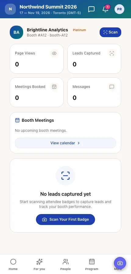 The booth dashboard in the attendee app, as Priya Raman of Brightline Analytics sees it