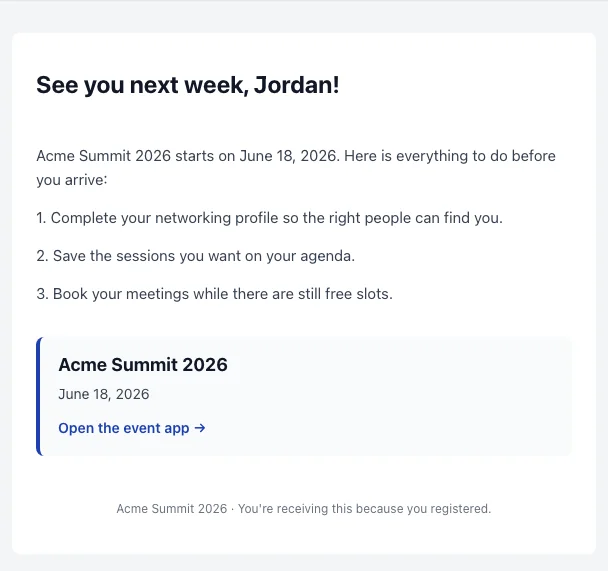 A Moostoo event campaign email as the attendee receives it, with a checklist and a link to the event app