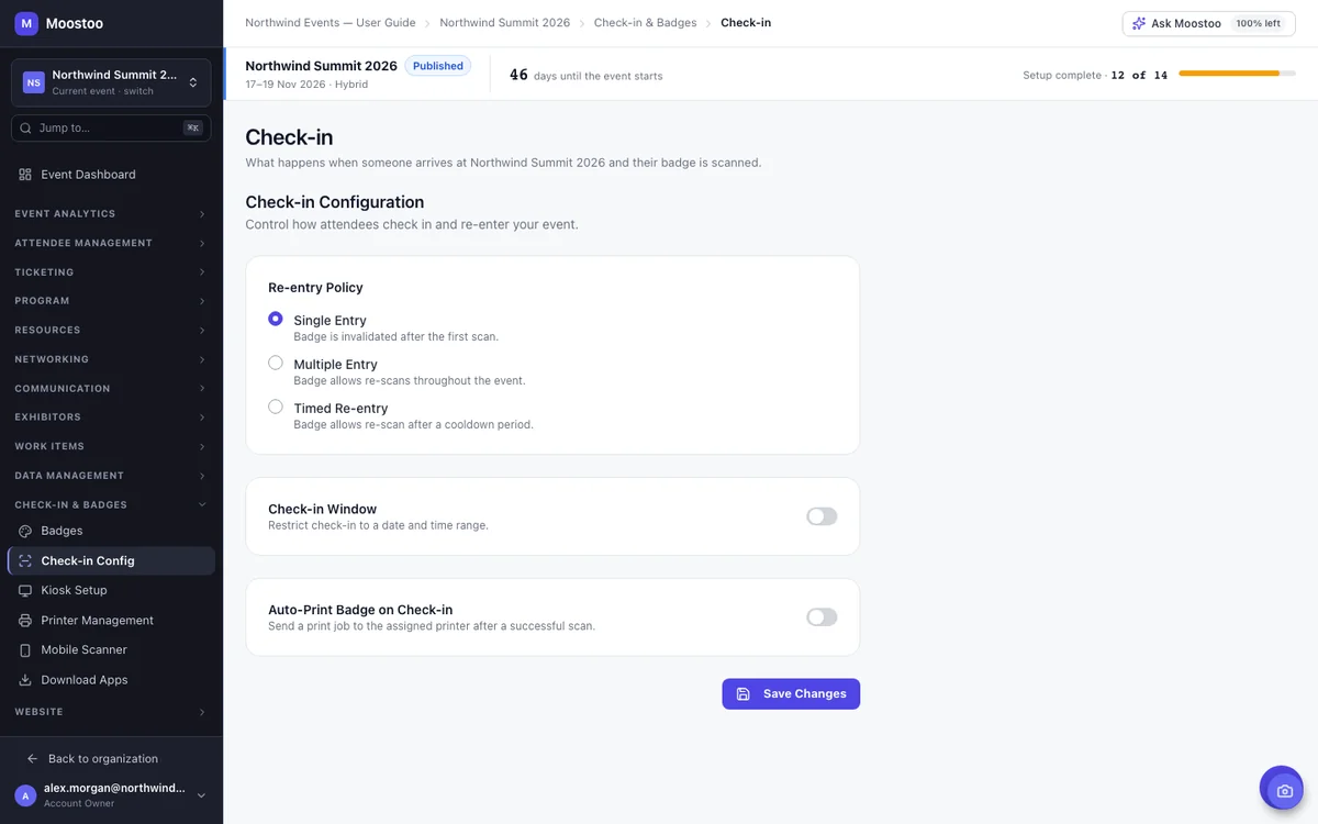 Moostoo Check-in Configuration with the re-entry policy options Single Entry, Multiple Entry and Timed Re-entry