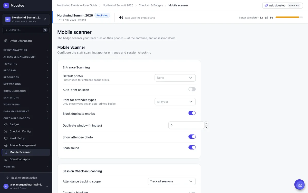 Moostoo Mobile Scanner settings with the default printer, auto-print on scan, attendee photo and scan sound