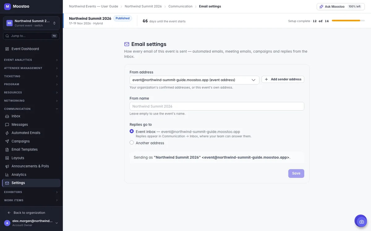 Email settings with the From address, From name and Replies go to fields and the Sending as line