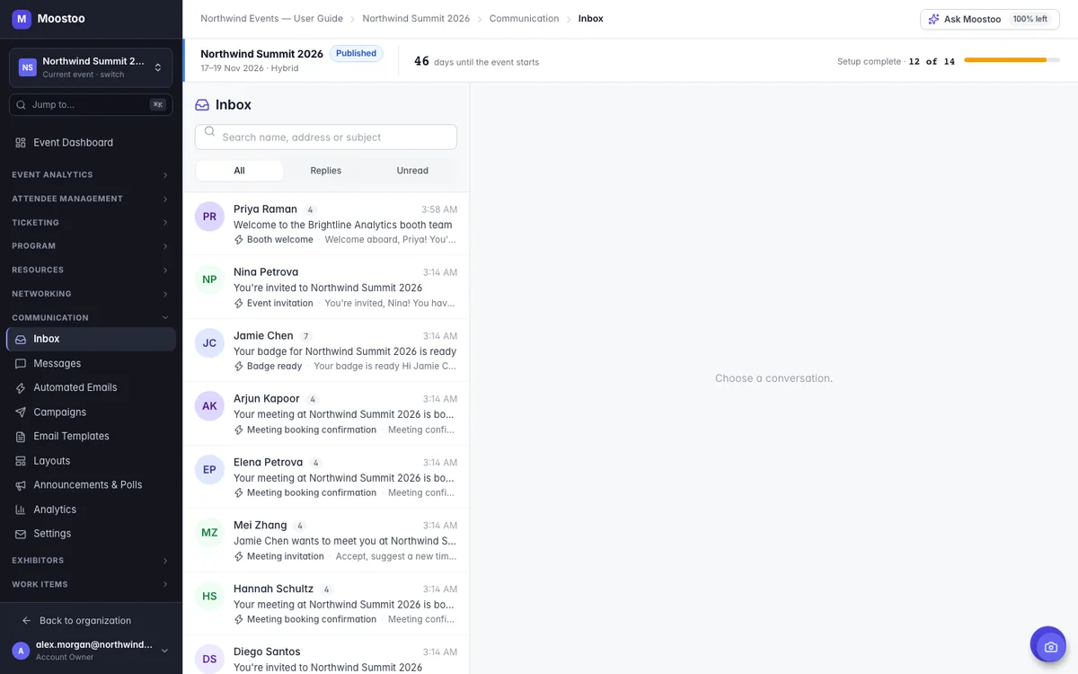 Moostoo event Inbox with conversations grouped by person, showing replies and meeting confirmation emails