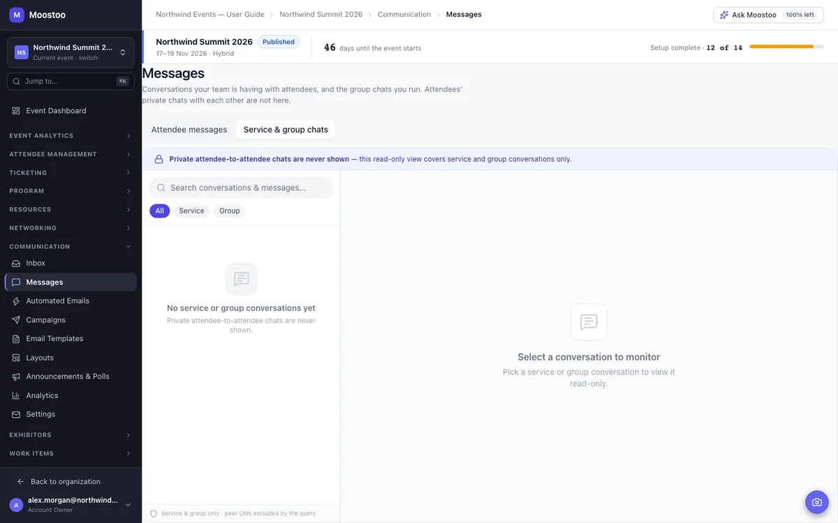 Messages showing the Service & group chats view with type filters, a searchable list of conversations and a read-only thread