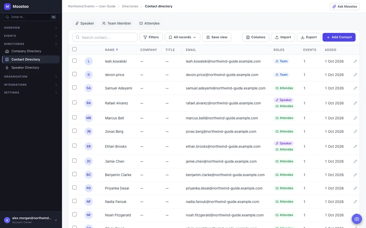The organization Contact Directory listing people with company, title, roles and event count