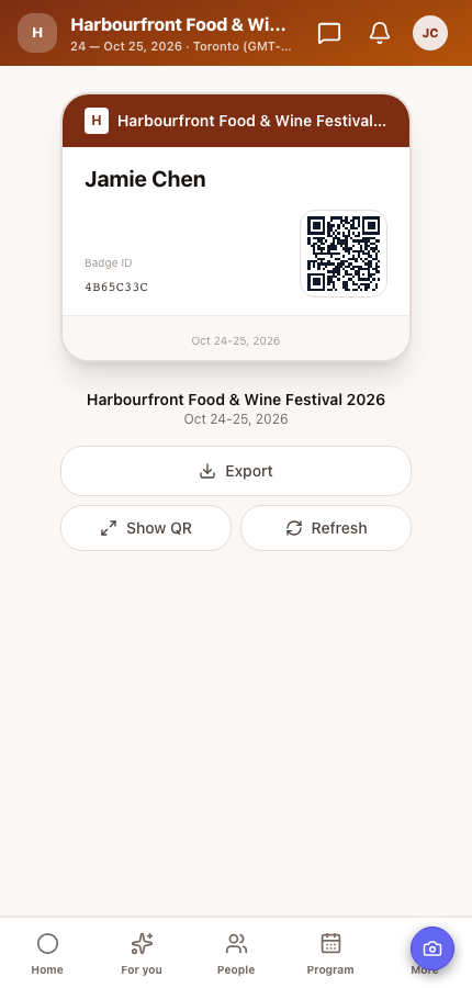 A festival badge design in orange with the attendee's name and QR code