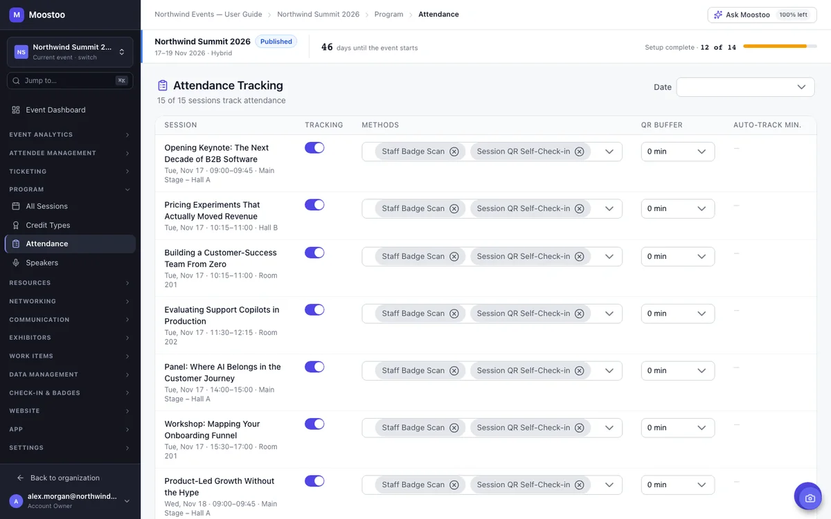 Moostoo Attendance Tracking settings with tracking switched on for each session and the attendance methods chosen