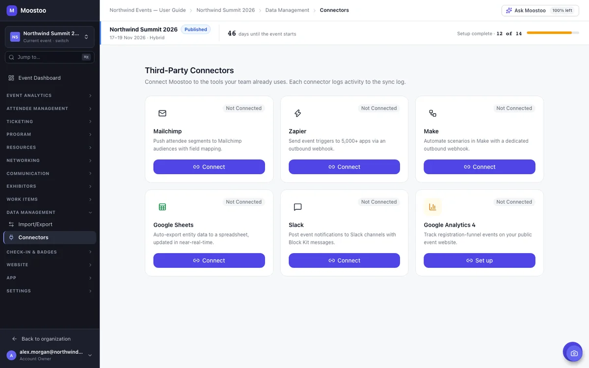 Moostoo Third-Party Connectors with Connect buttons for Mailchimp, Zapier, Make, Google Sheets, Slack and Google Analytics 4