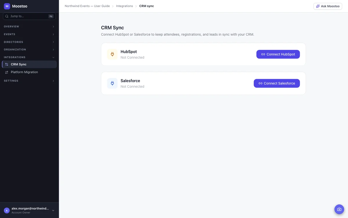 Moostoo CRM Sync screen with Connect HubSpot and Connect Salesforce buttons