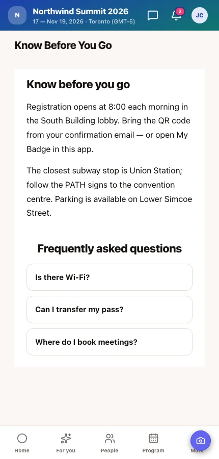 A Know Before You Go page in the Moostoo event app with arrival information and frequently asked questions