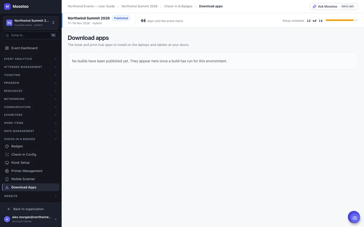 Download Apps screen listing Self-Service Kiosk and Print Queue Manager builds by platform