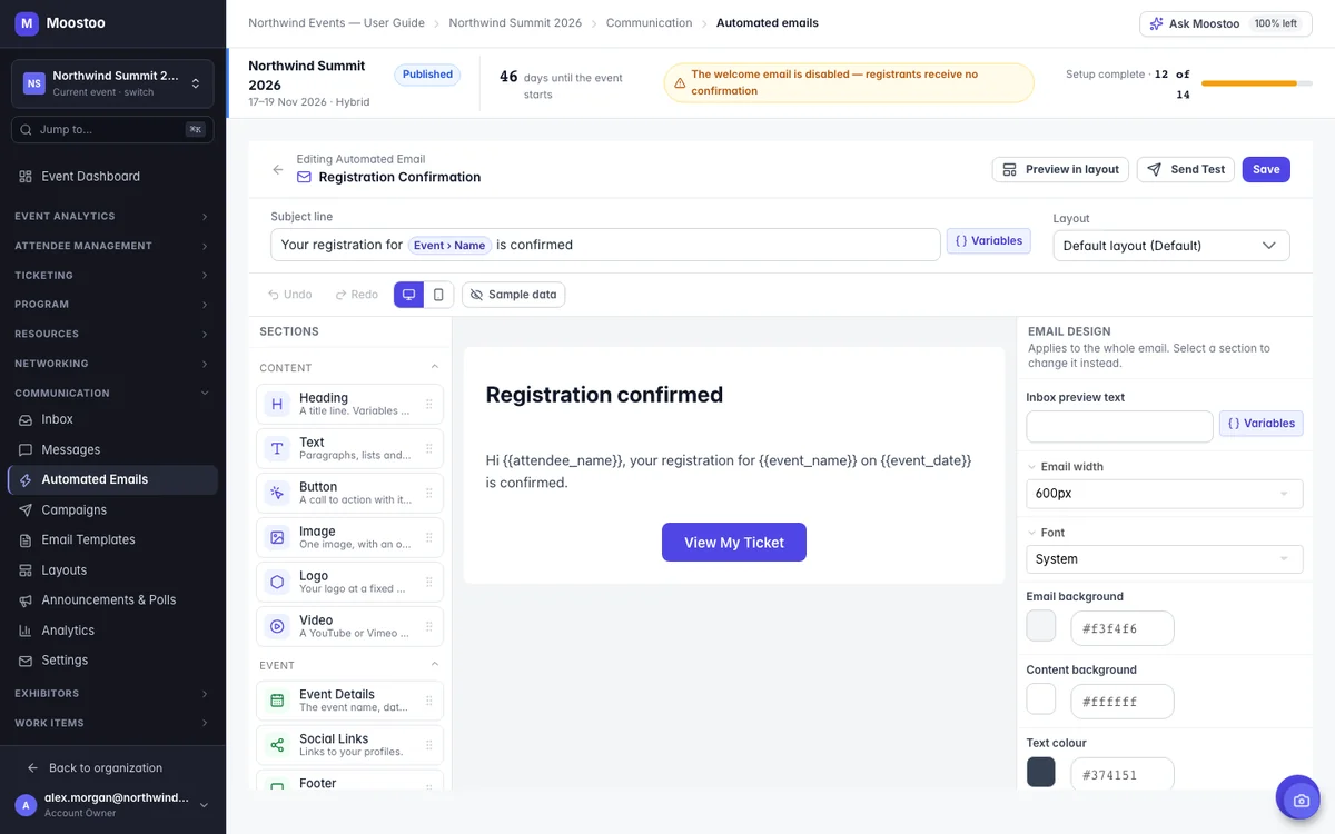 Moostoo email editor with the sections list, a live preview of a registration confirmation and the email design options