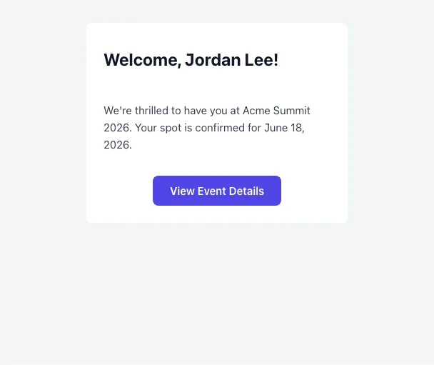 An email in the phone preview with Sample data on, showing how it reads on a recipient's phone with their name filled in