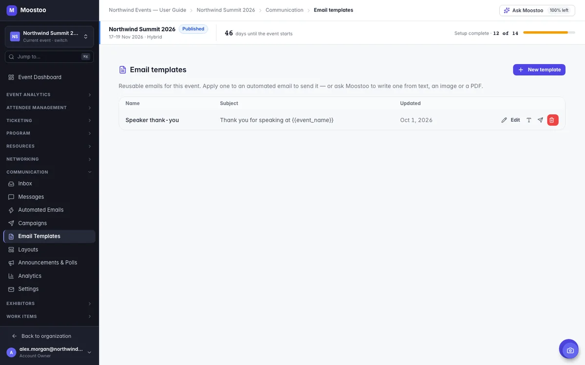 The Email Templates screen listing a template with its subject and Edit, Rename, Apply and Delete actions