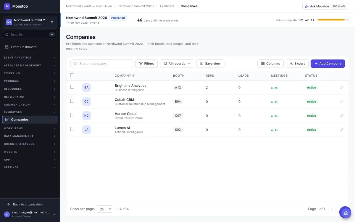 Moostoo Event Companies list for Northwind Summit 2026 showing Brightline Analytics, Cobalt CRM, Harbor Cloud and Lumen AI with their booth, reps, leads captured, meeting availability and status