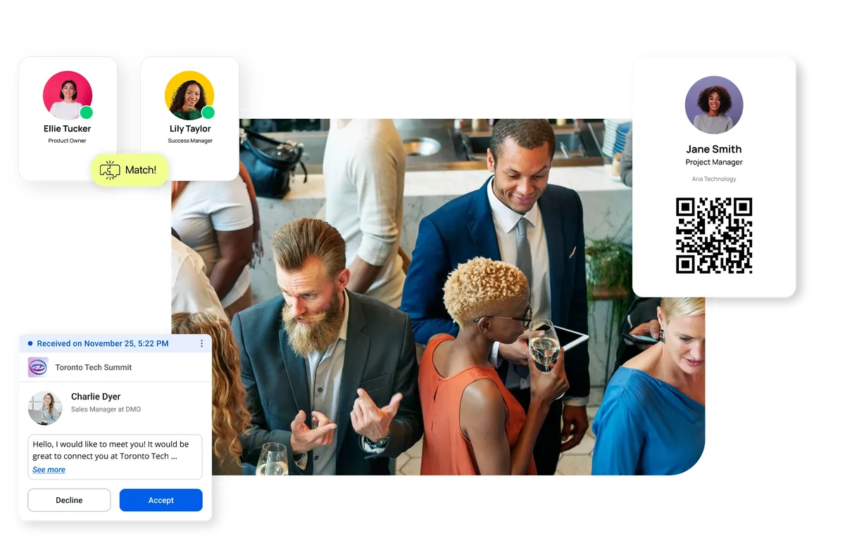 Attendees networking at an event, with an AI match, a meeting request and a badge QR code from the Moostoo app