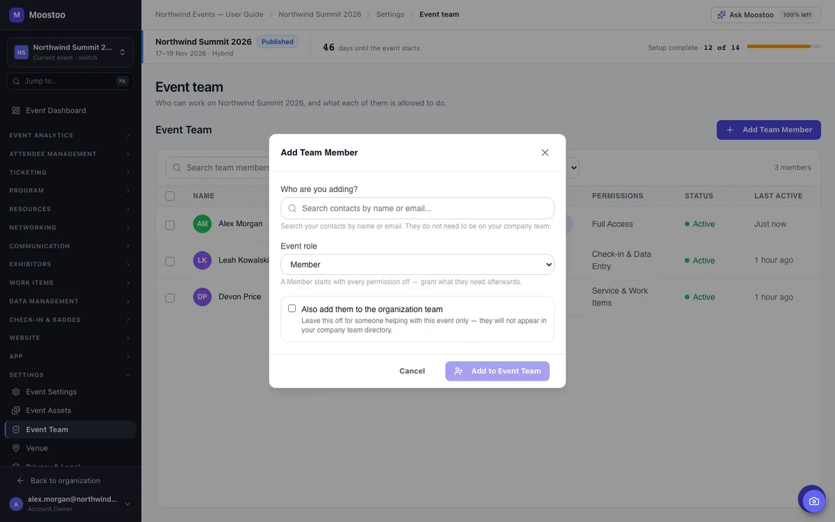 The Add Team Member dialog with a person search, the Event role picker and the organization team checkbox
