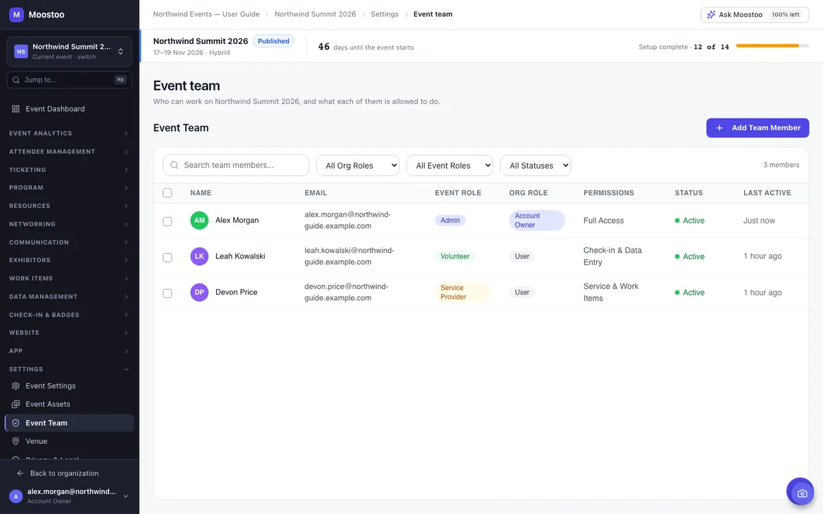 The Event Team table with names, event roles, organization roles, permissions and status