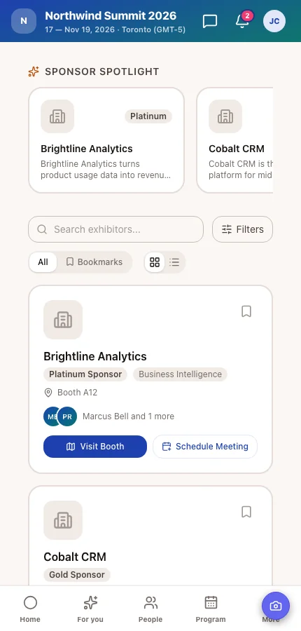 The Exhibitors page of the Moostoo event app with a Sponsor Spotlight section showing a Platinum sponsor