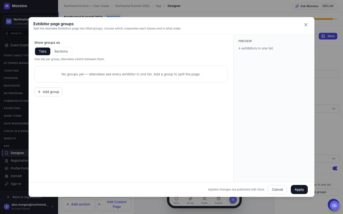 The Exhibitor page groups dialog with the Tabs/Sections choice, two groups defined by filter and a preview