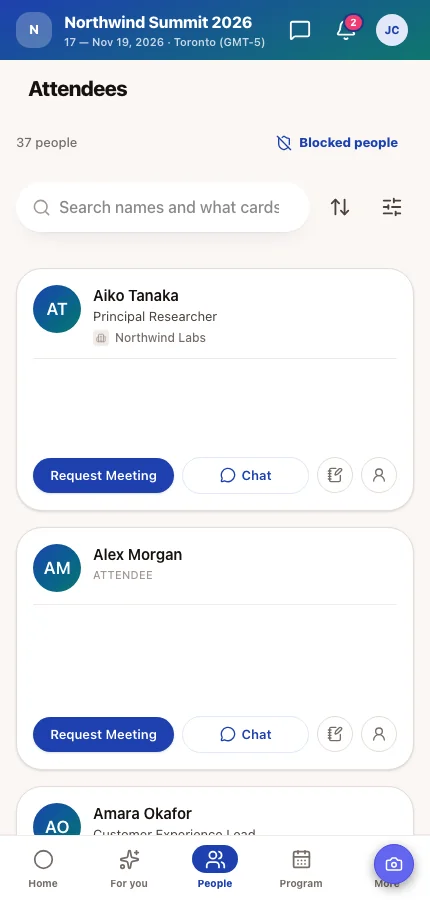 The attendee app's attendee directory showing the people Jamie Chen is allowed to see