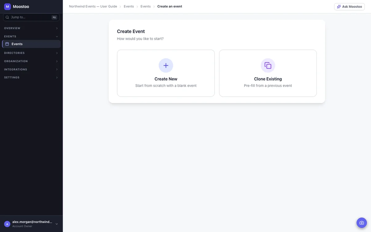 The Create Event screen asking how you would like to start, with Create New and Clone Existing