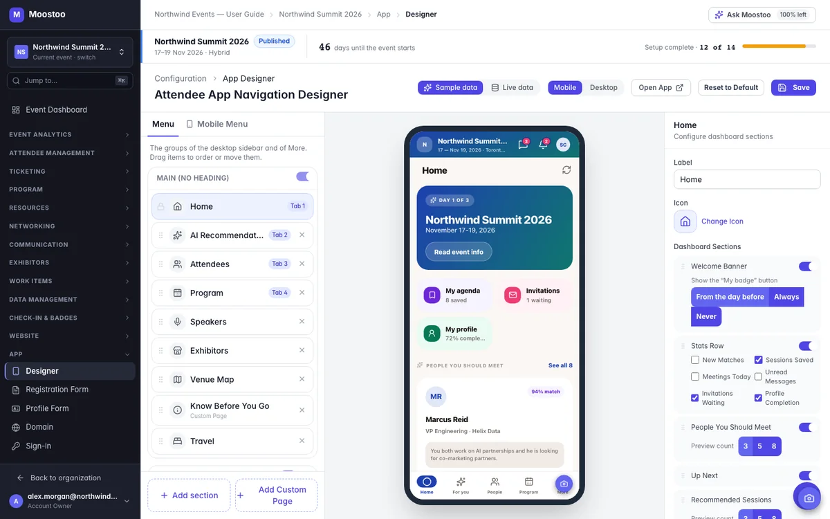 The Home page's settings in the App Designer listing the dashboard sections with their switches and options