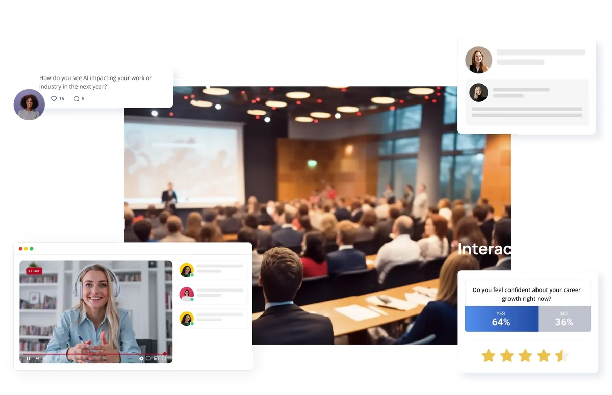 Hybrid event stage with a live stream, questions, an accepted meeting and a poll in the Moostoo app