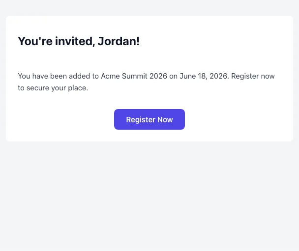 The Event Invitation email a newly imported attendee receives, with their name and a link to register