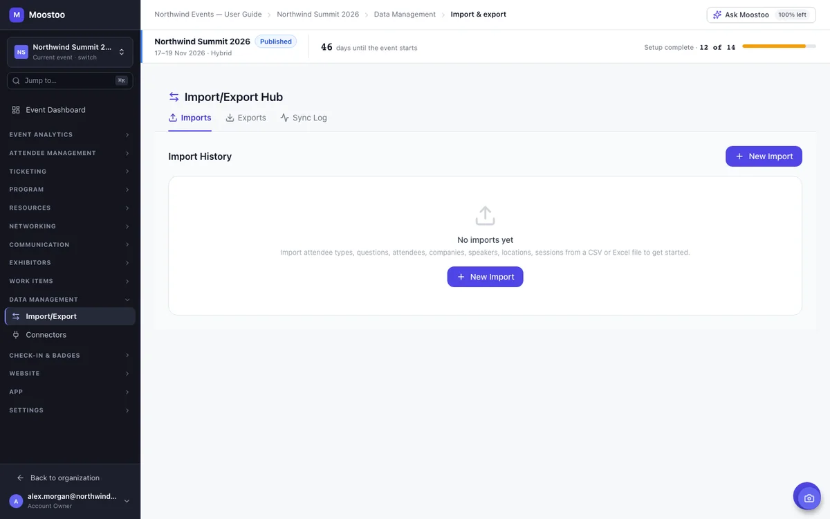 The Import/Export Hub's Imports tab listing past imports with Created, Updated, Skipped and Errors counts