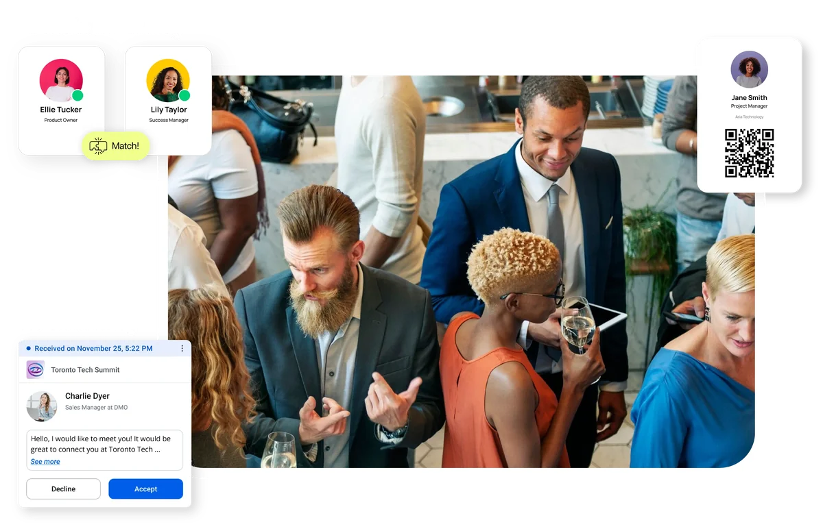 In-person event networking with an AI match, a meeting request and a badge QR code from the Moostoo app